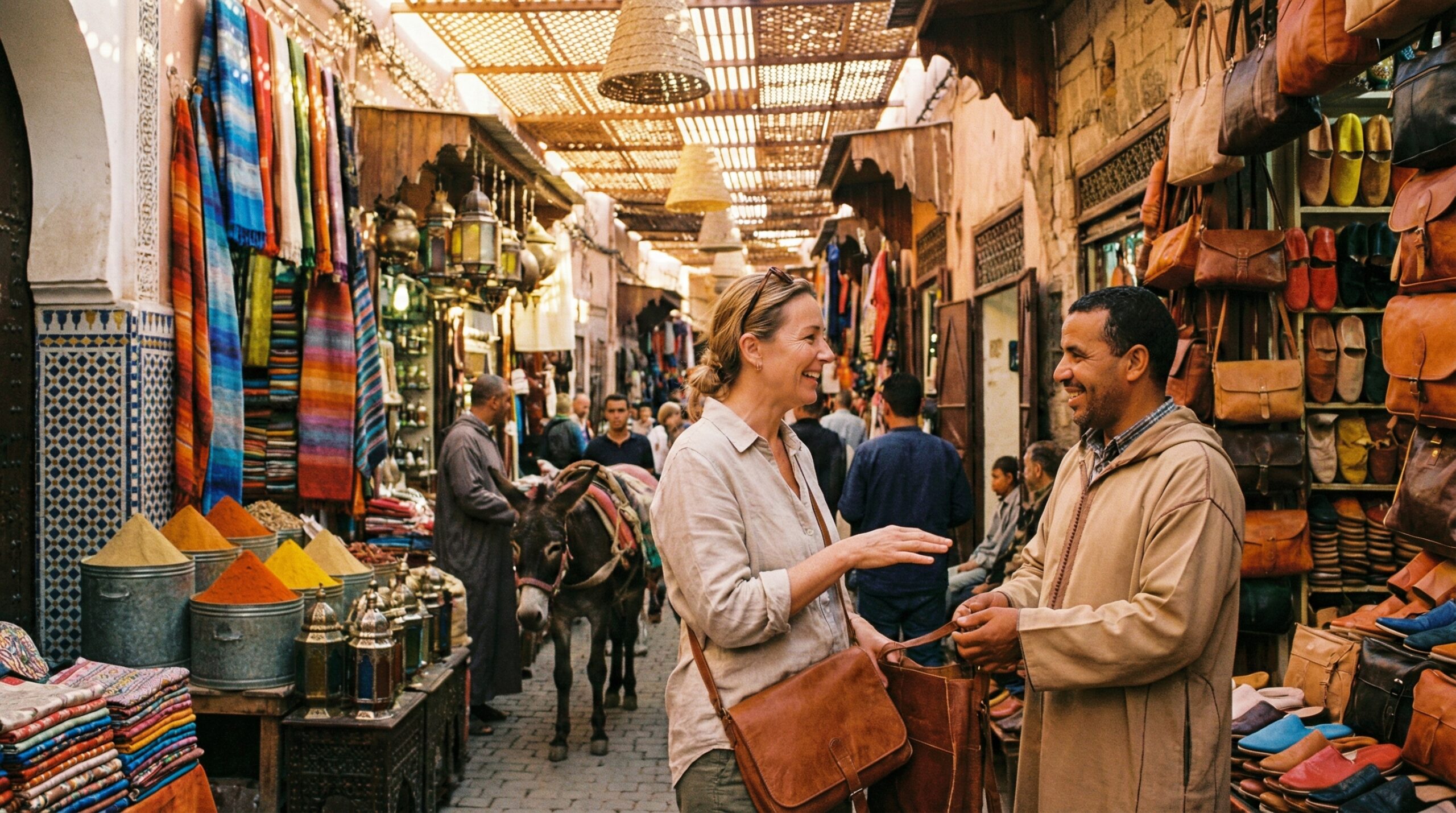Tourist bargaining in a Moroccan souk with a vendor