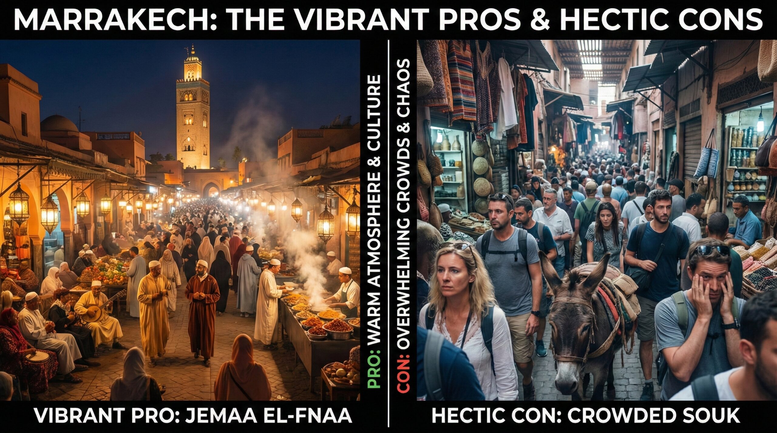 Collage of Marrakech pros and cons: lively square vs crowded souk