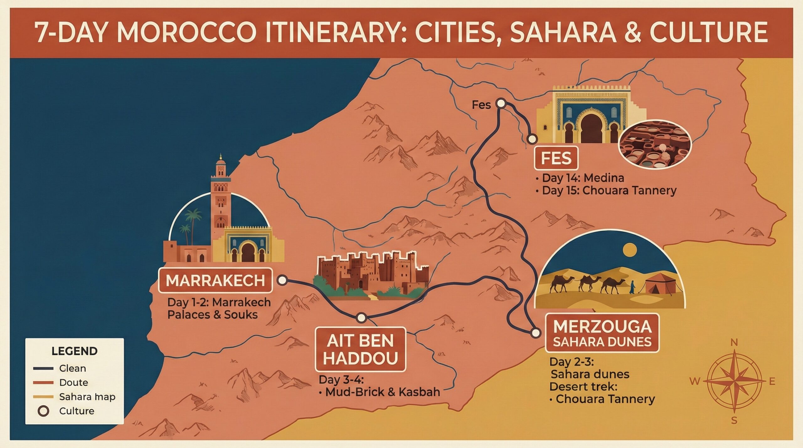 7-day Morocco itinerary map from Marrakech to Sahara and Fes