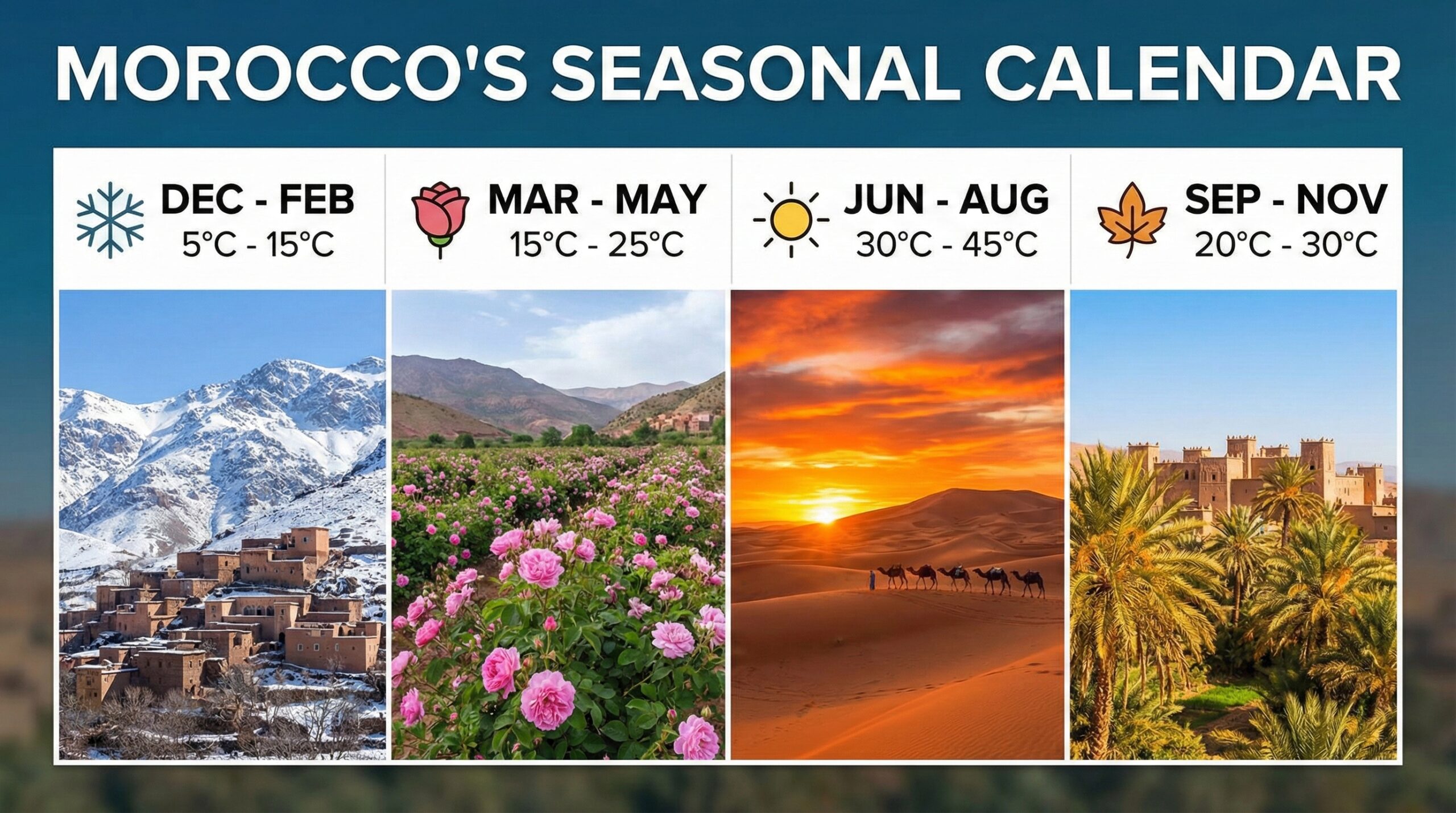 Seasonal collage of Morocco showing weather and landscapes by month