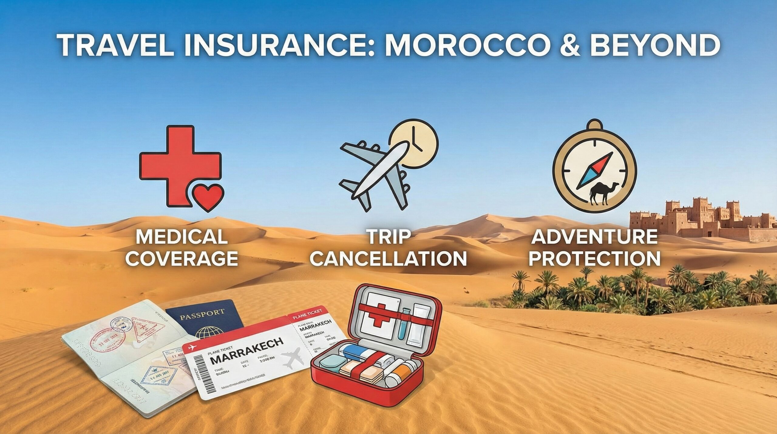 Travel insurance concept with Moroccan landmarks and policy icons
