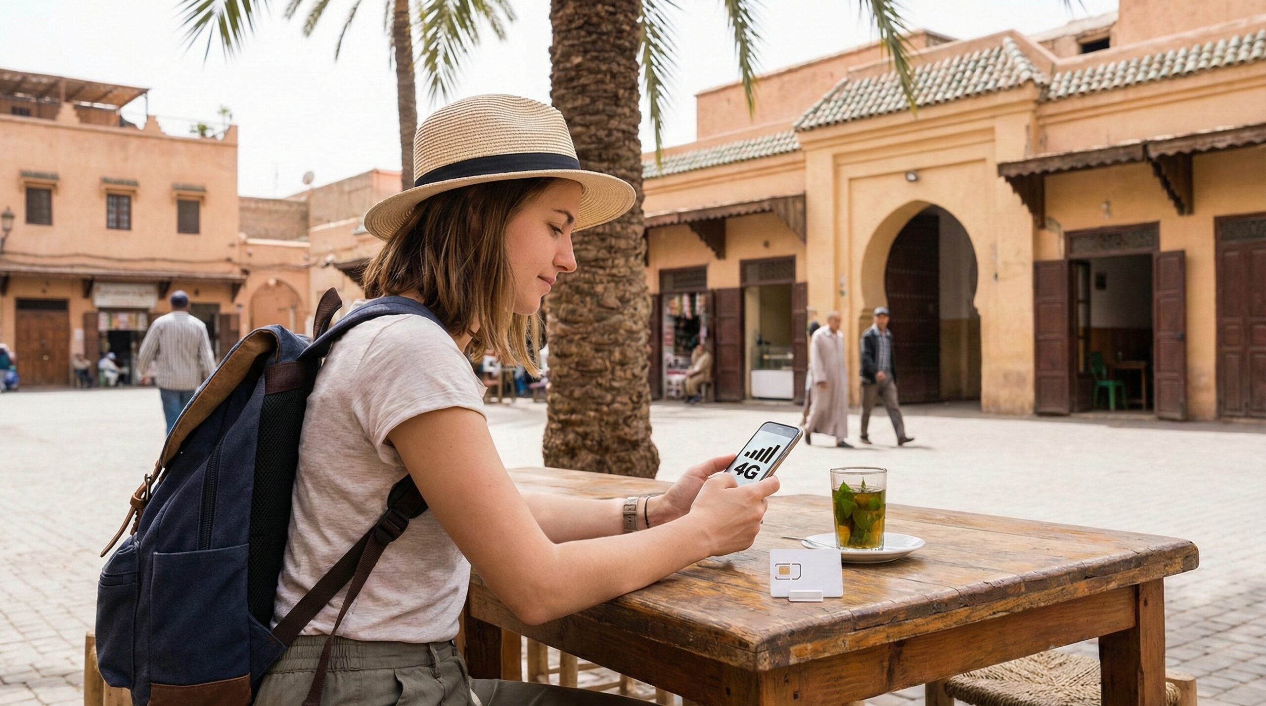 tourist holding a phone showing mobile signal bars