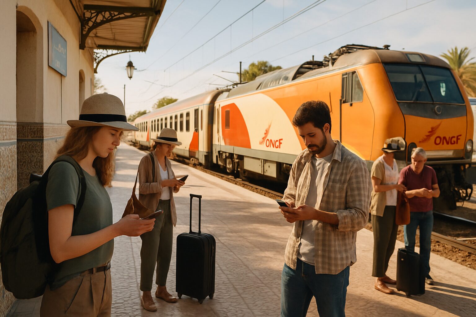 Passengers checking smartphone tickets at an ONCF station — cheap ONCF tickets and online booking in Morocco 2026