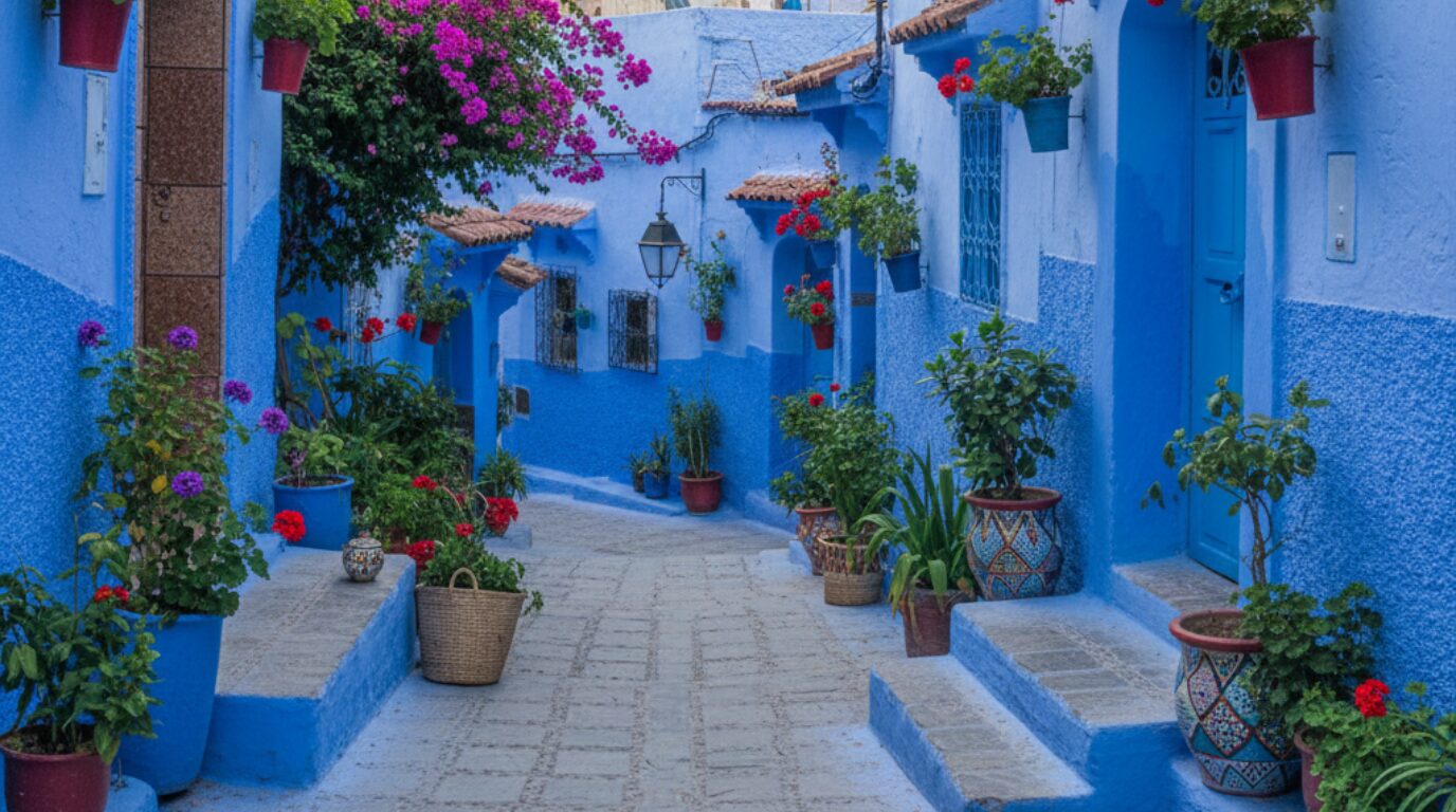 Charming blue alley with vibrant flowers in Chefchaouen in April 2026 best photo spots