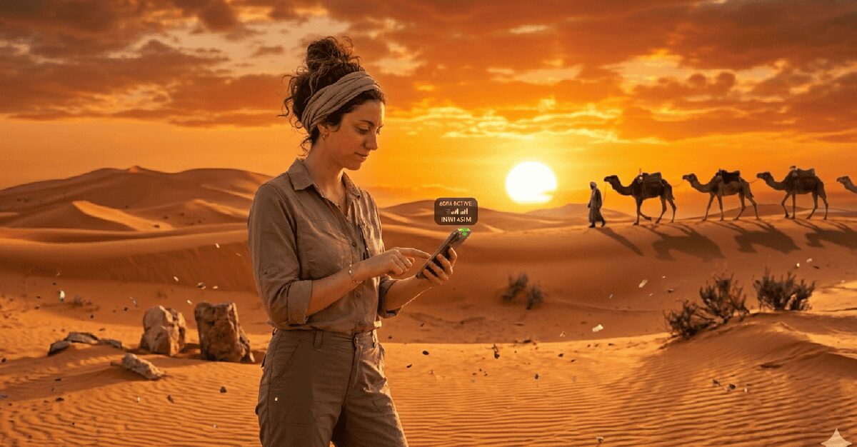 Traveler checking mobile signal with eSIM in Sahara Desert Morocco 2026 