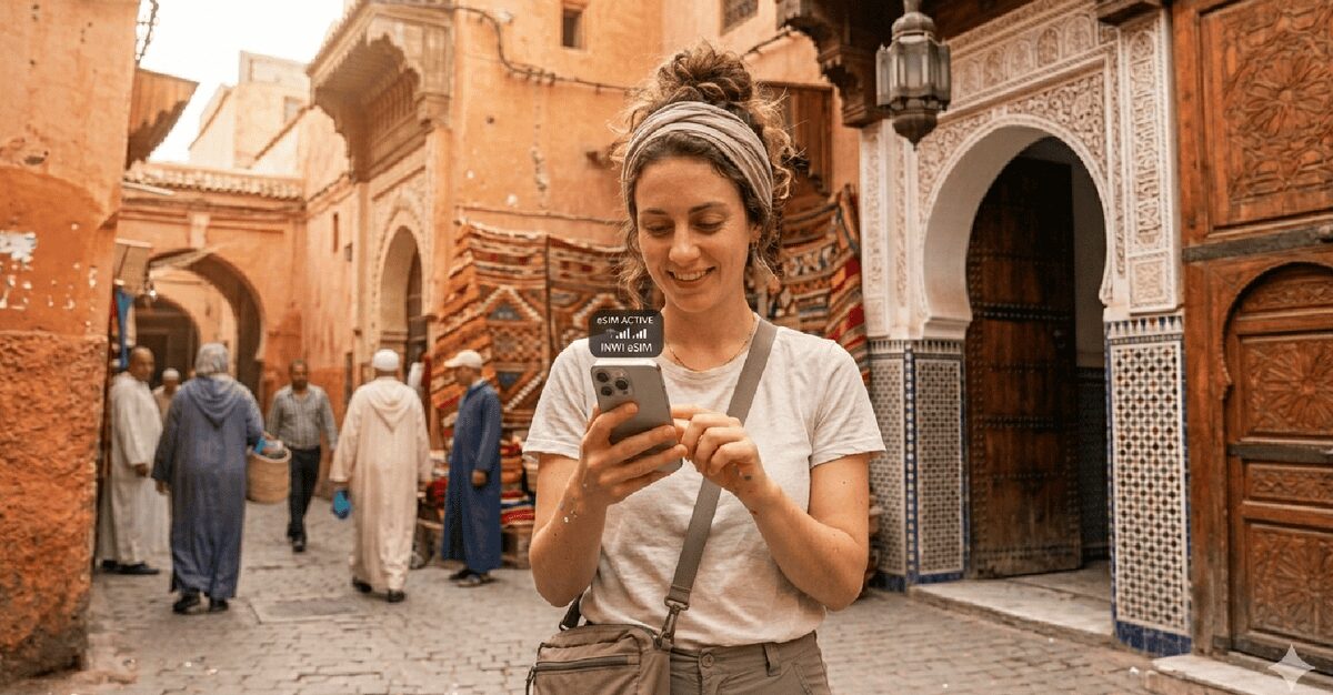 Tourist using smartphone with eSIM in Marrakech Morocco 2026 