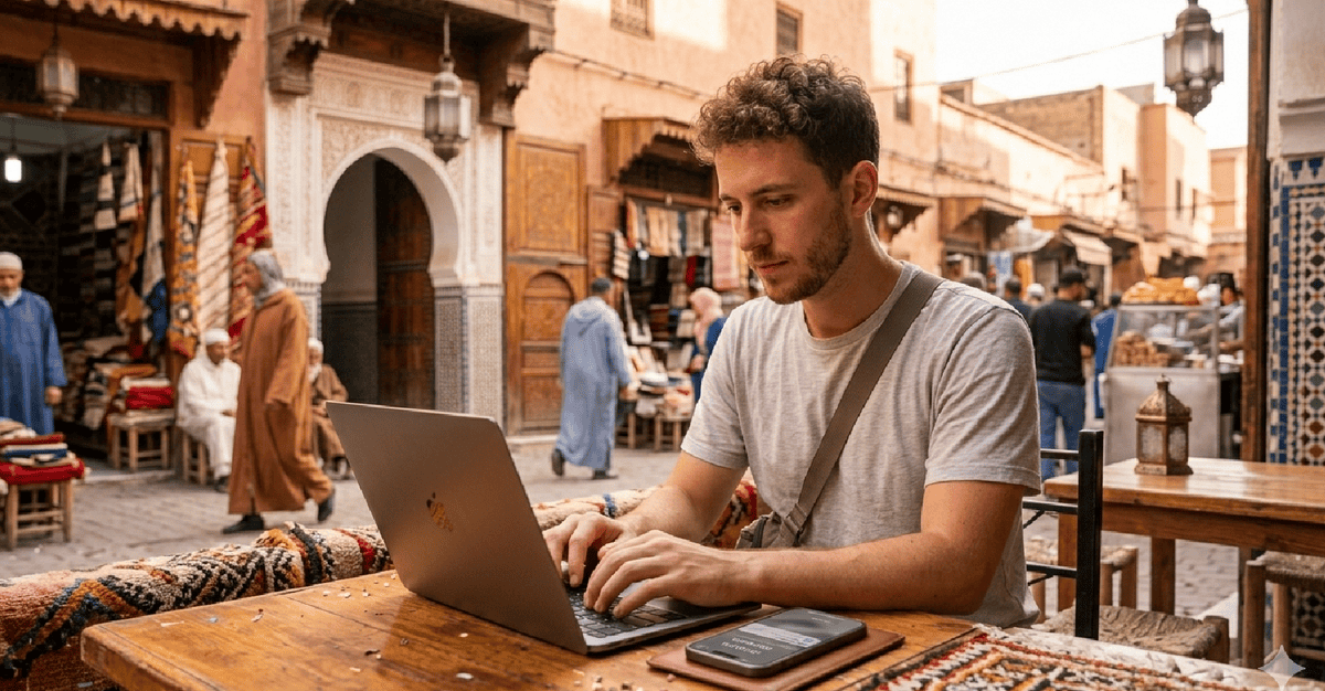 Digital nomad using eSIM in Morocco 2026 at a café