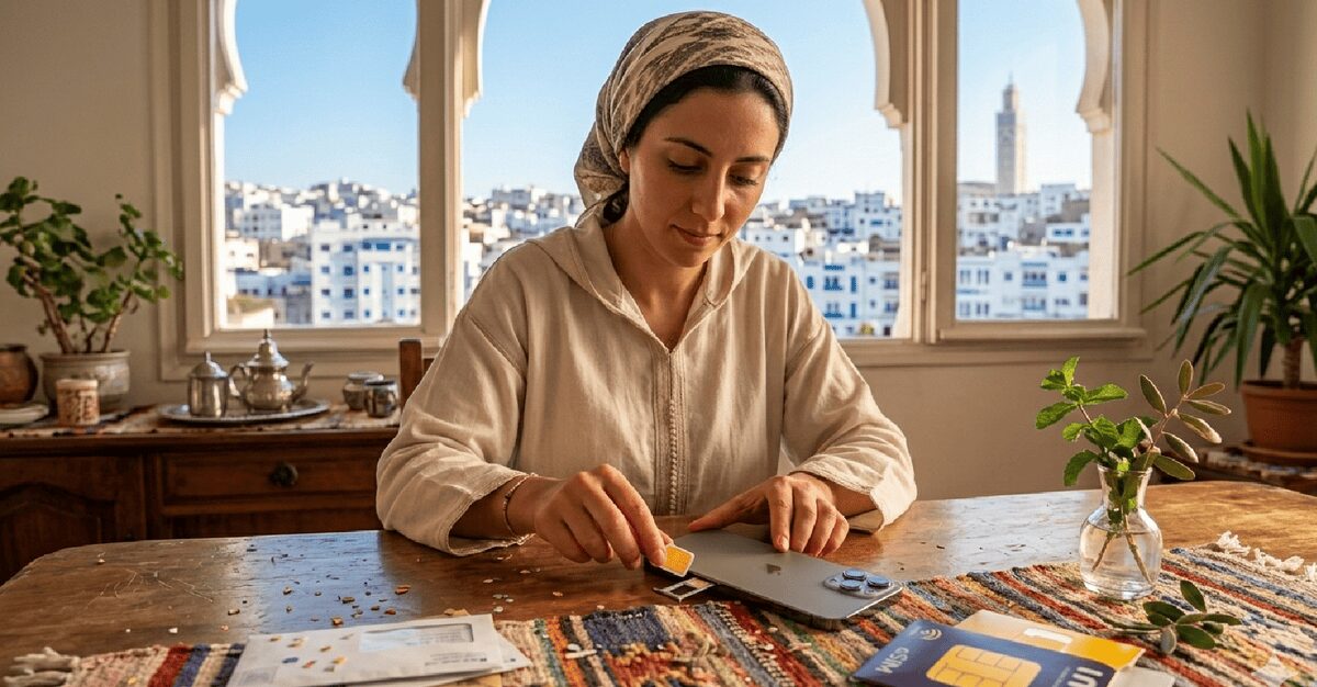 Resident inserting physical SIM card in smartphone in Morocco 2026 
