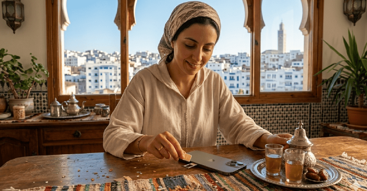 Resident inserting physical SIM card in smartphone in Morocco 2026 
