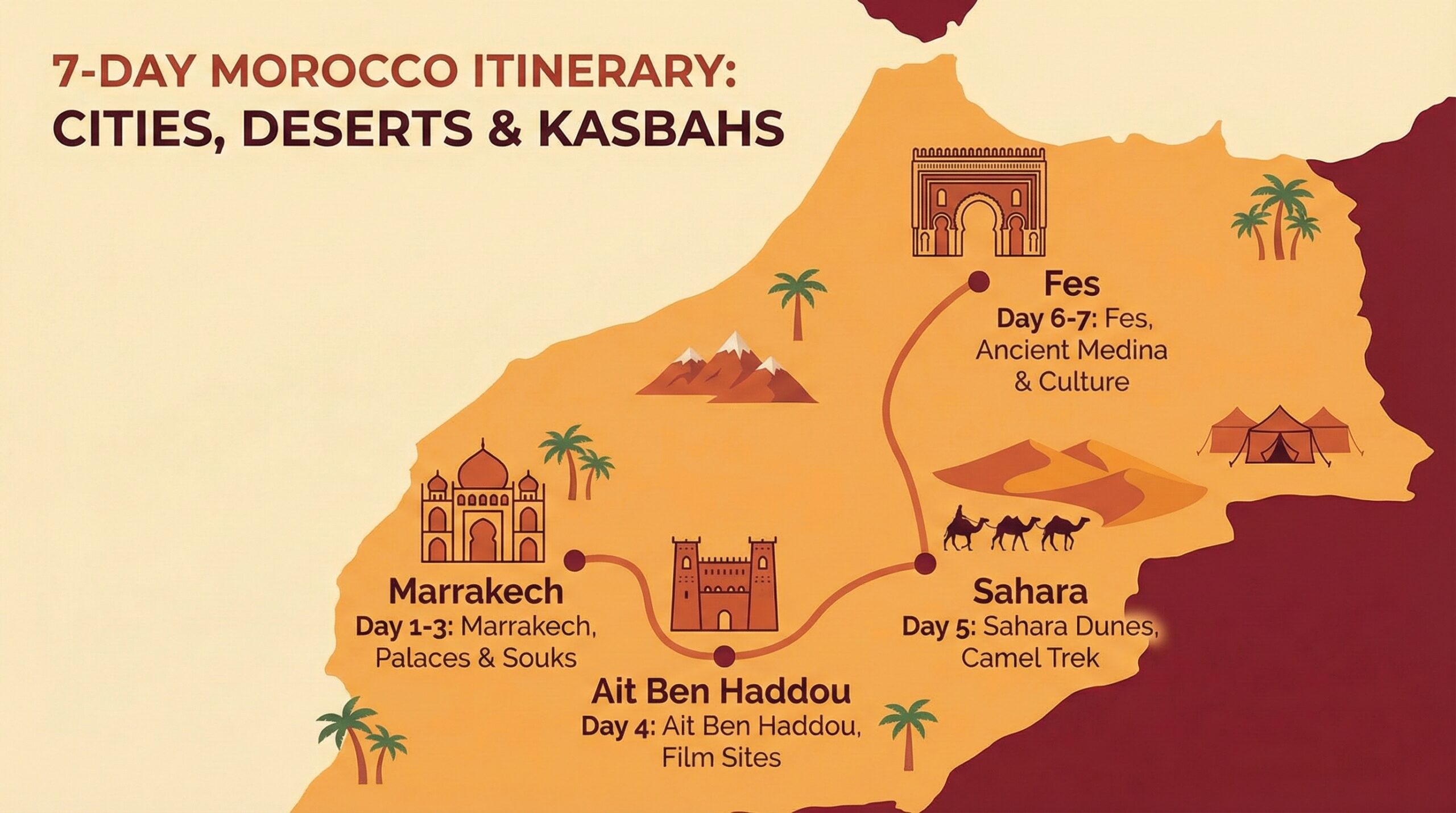 7-day Morocco itinerary map from Marrakech to Sahara and Fes