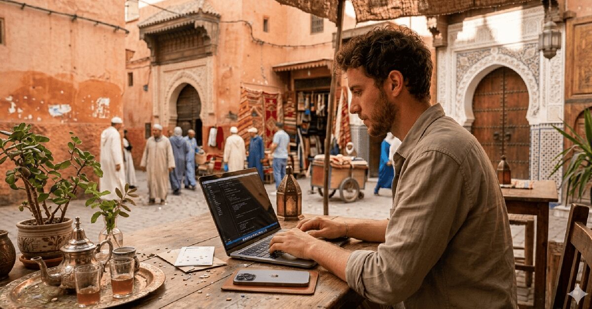 Digital nomad using eSIM in Morocco 2026 at a café
