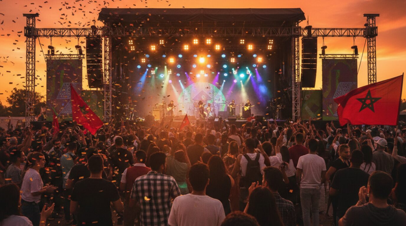 Morocco summer festival crowd at golden hour