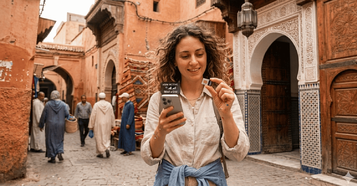 Tourist comparing eSIM and physical SIM card in Morocco 2026 