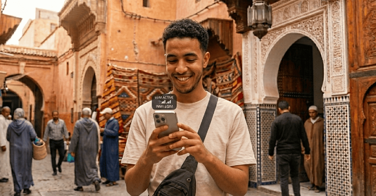 Tourist using smartphone with eSIM in Marrakech Morocco 2026 