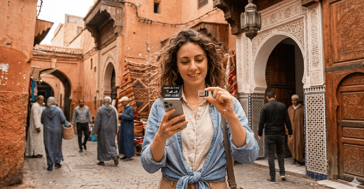 Tourist comparing eSIM and physical SIM card in Morocco 2026 