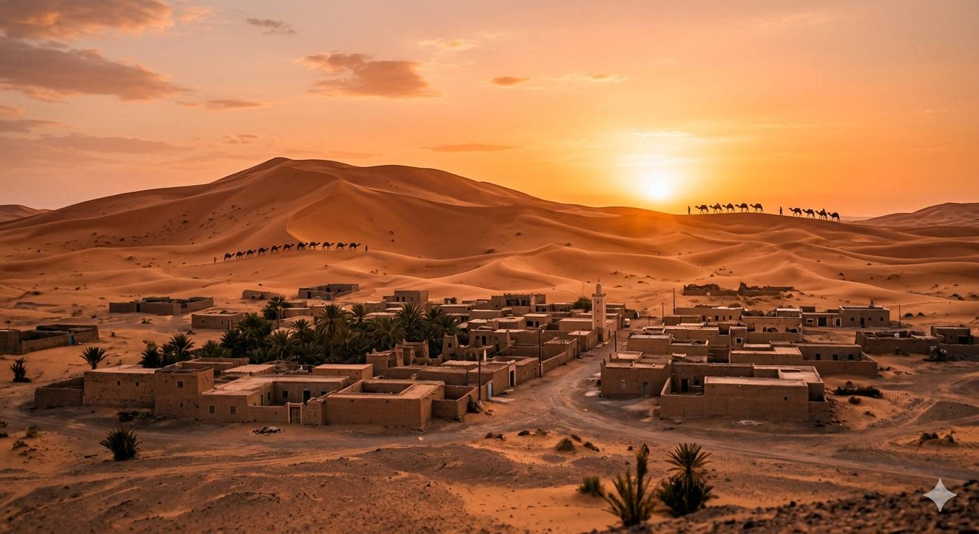 merzouga village sahara desert erg chebbi dunes sunset camels
