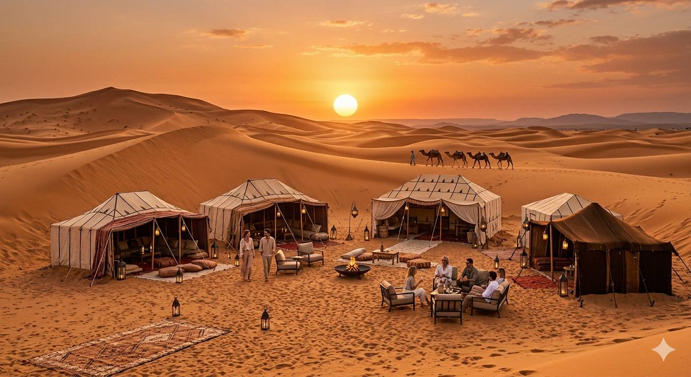 morocco desert camp sahara luxury tents erg chebbi sunset