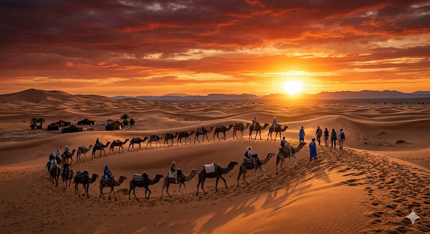 marrakech to merzouga desert tour sahara dunes camels sunset