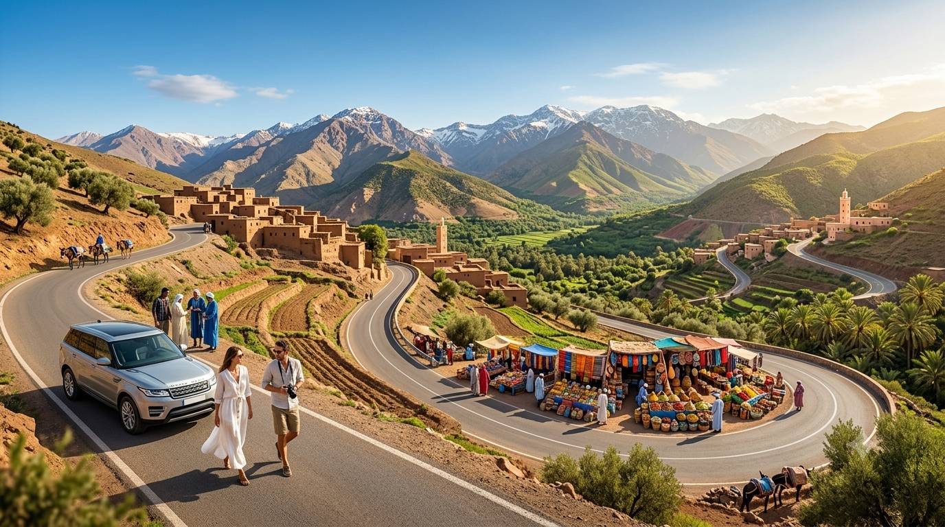 Travelers enjoying a scenic day trip from Marrakech with views of the Atlas Mountains and traditional Moroccan villages