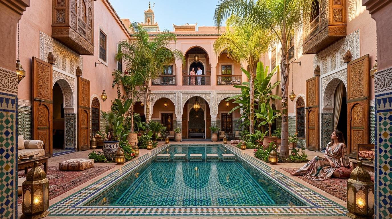 Luxury riad courtyard in Marrakech with traditional Moroccan architecture, elegant decor, and a relaxing swimming pool