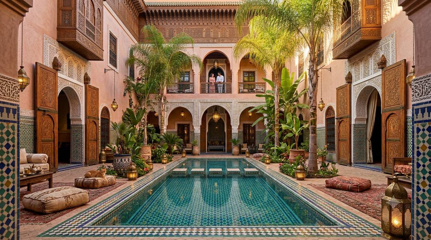 Elegant traditional riad in Marrakech Medina featuring a courtyard pool, Moroccan tiles, and luxury seating areas