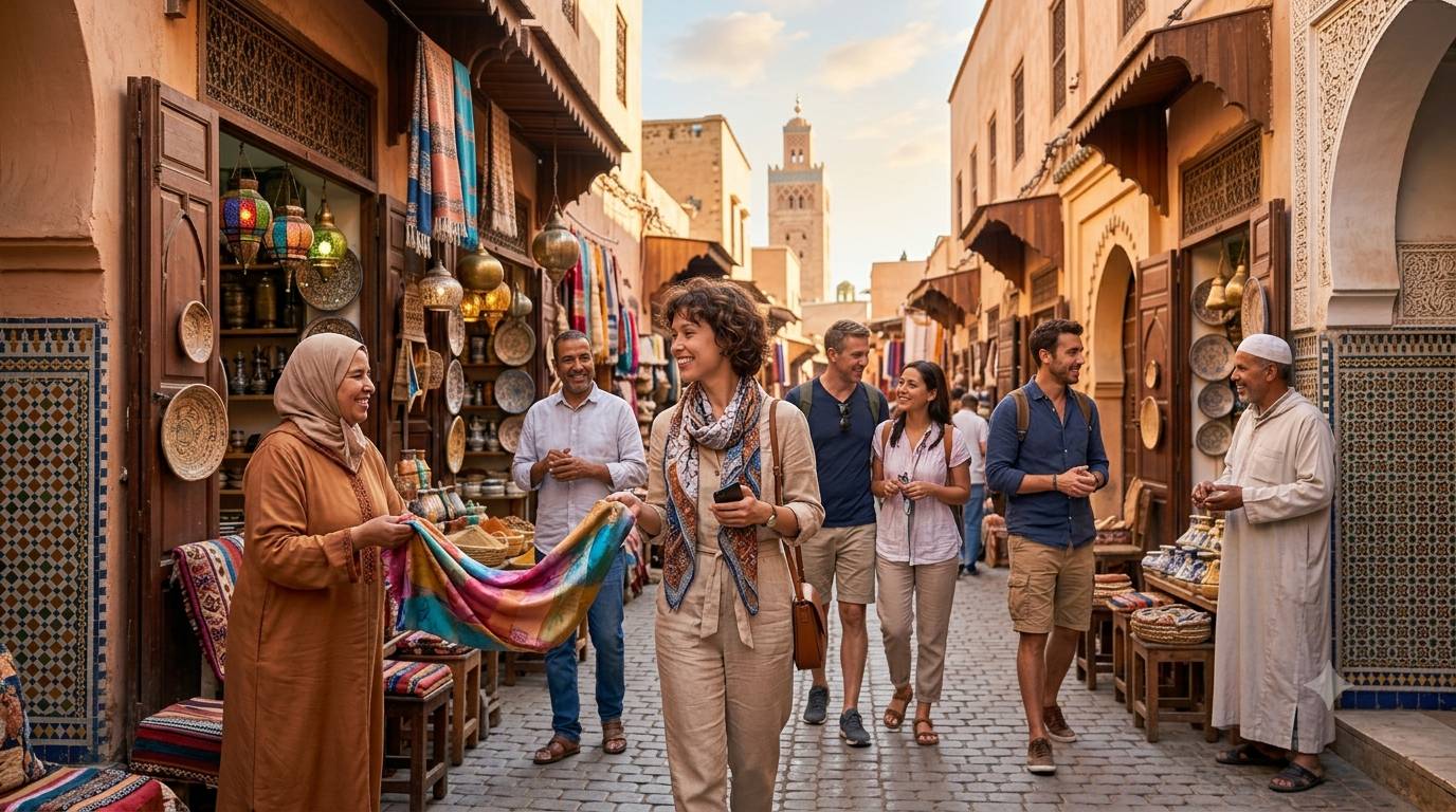 Tourists safely exploring a vibrant Moroccan street with local markets and historic architecture in Marrakech