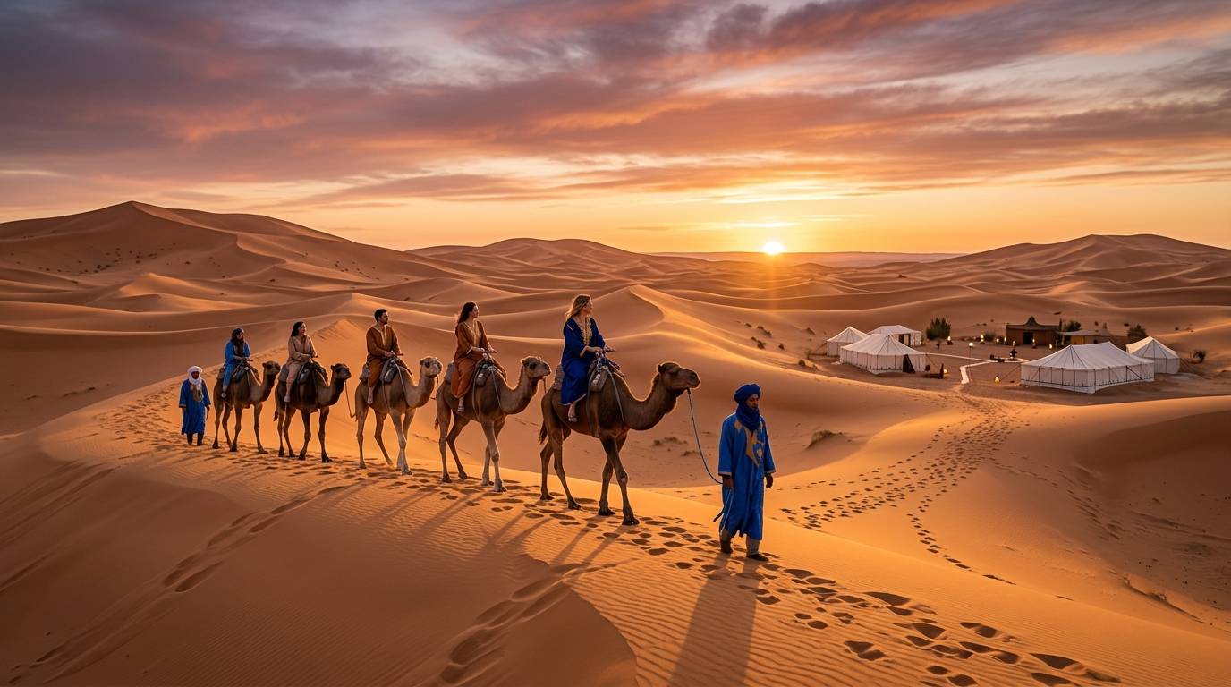 Travelers exploring the Sahara Desert from Marrakech with camel caravans crossing golden sand dunes at sunset