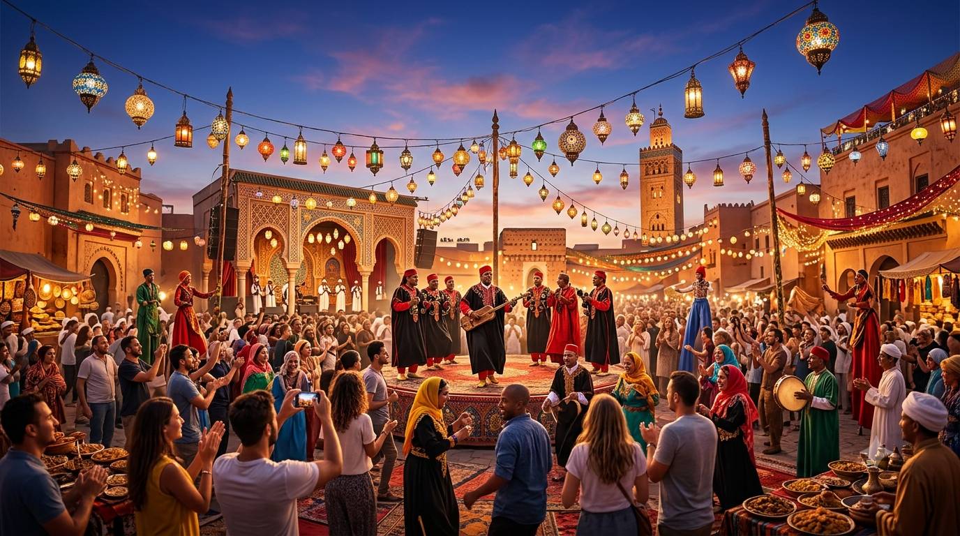 Crowds enjoying a vibrant summer festival in Morocco with live music, colorful lights, and traditional cultural performances