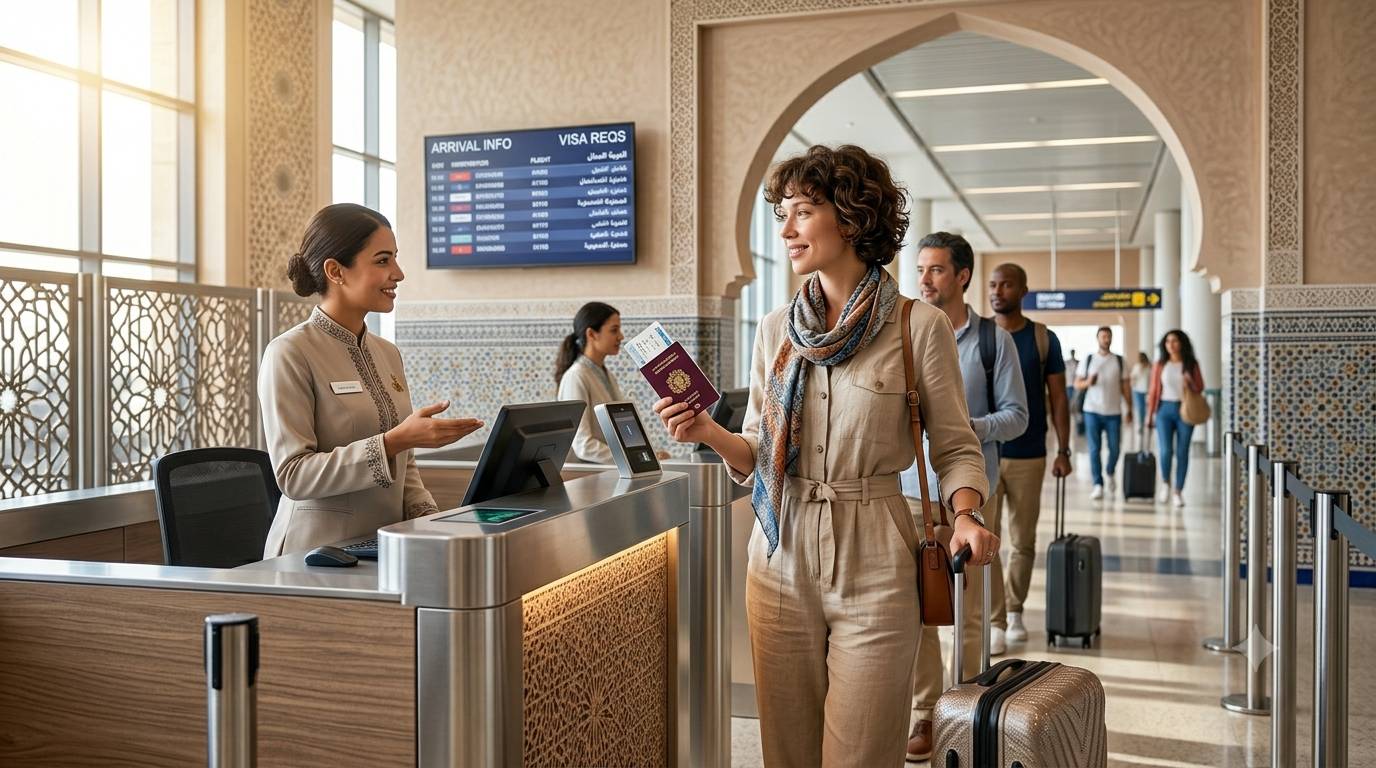 Traveler presenting a passport at Moroccan airport immigration with Morocco visa and entry requirement information