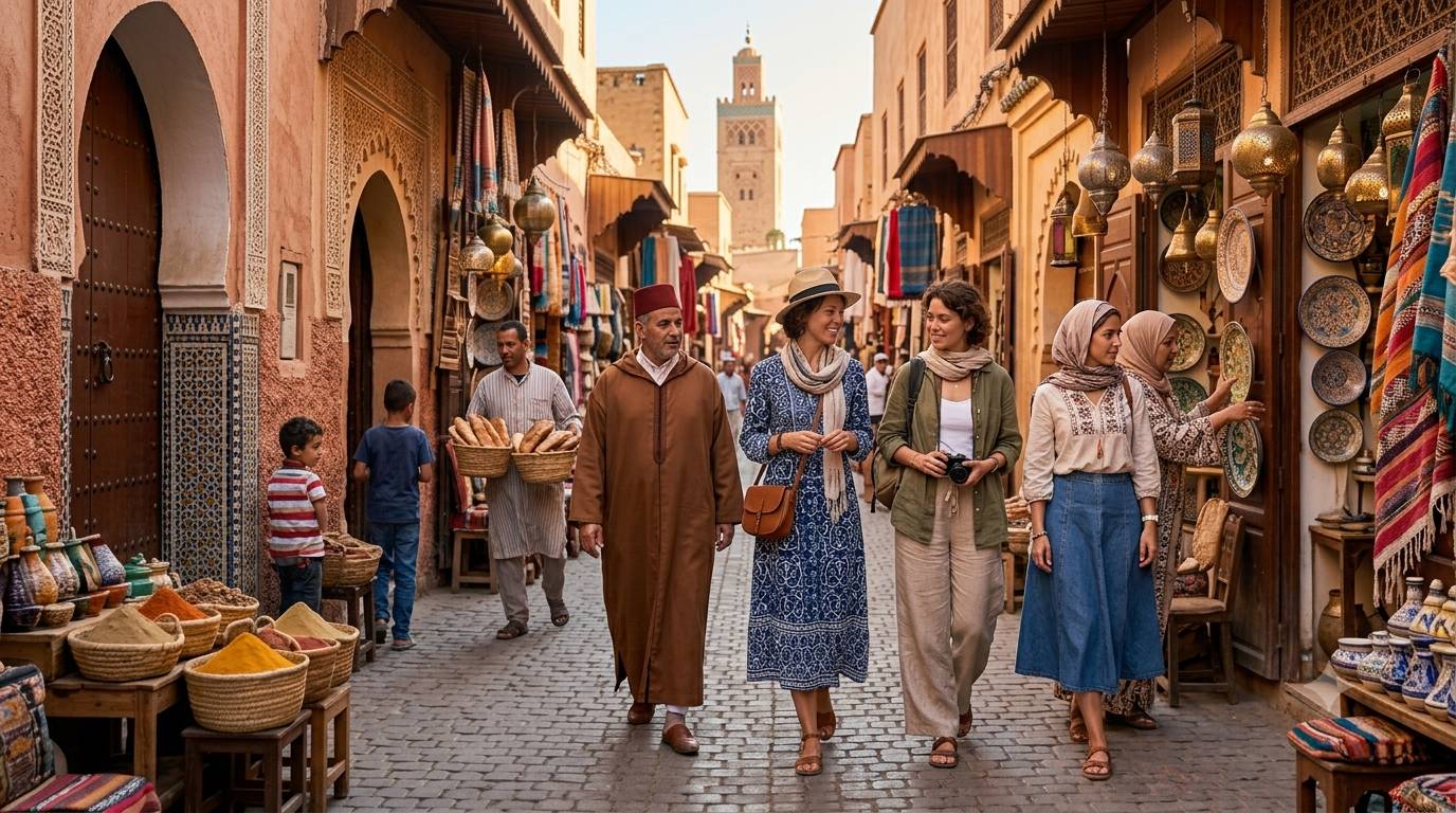 Tourists wearing modest and stylish clothing while exploring a traditional Moroccan street in Marrakech